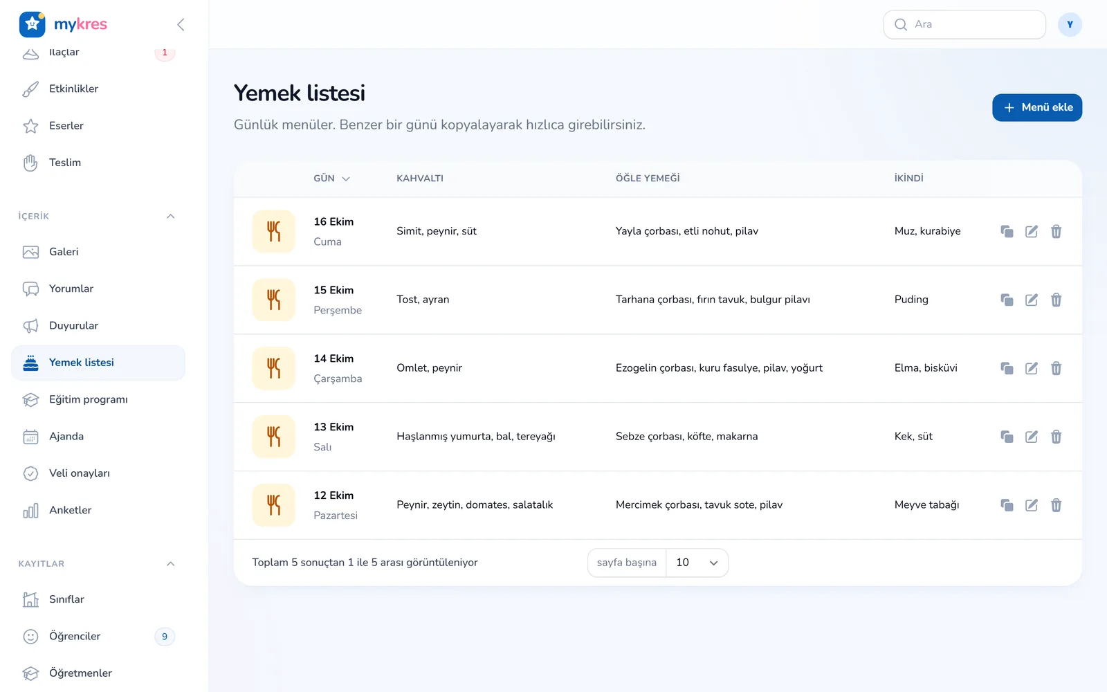 MyKres meal menu